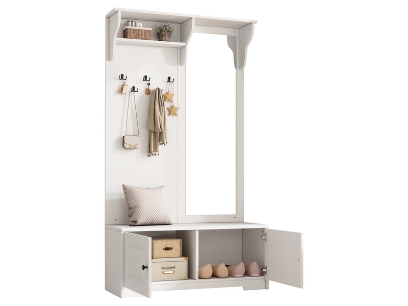 Vestiaire d'entrée avec miroir, porte-manteau d'entrée moderne avec banc à chaussures et 5 patères, mdf 100x40x180cm, blanc - Conforama D