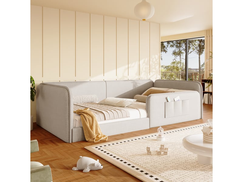  Lit rembourré enfant 90x200cm - lit plateforme avec barrière de sécurité tout autour et mousse anti-chocs,tissu lin beige evarich - Conforama B