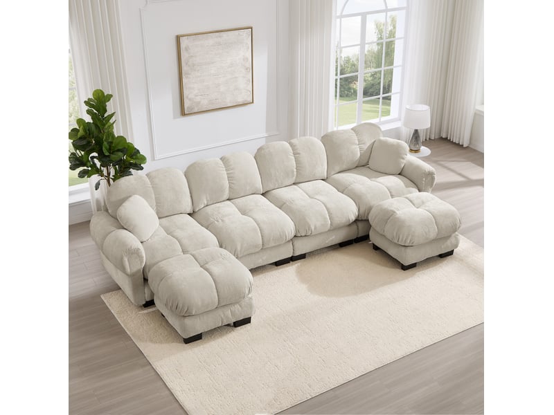  Canapé u 4 places modulaire en chenille - avec 2 ottomans mobiles, design élégant, hellkhaki  - Conforama E
