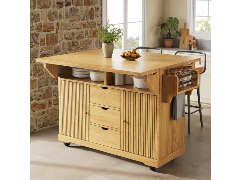  Desserte de cuisine 142.5x80x95 cm extensions rabattables mdf métal marron naturel  - Conforama C