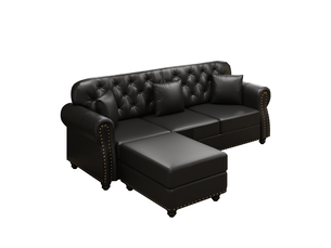 Canapé chesterfield 3 places + 1 pouf en simili cuir noir, 210 cm