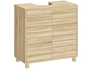 Meuble sous-évier avec étagère réglable, portes à lattes et mécanisme d'ouverture par simple pression pour lavabos sur pied ou muraux.