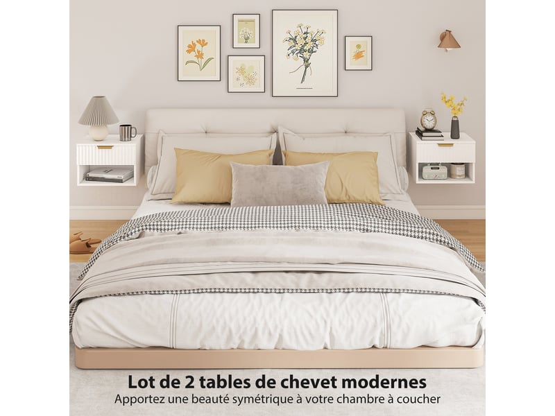  Lot de 2 tables de chevet suspendues 40 x 34 x 29 cm modernes avec tiroir cannelé et niche gain de place en mdf blanc 21_0003762  - Conforama C