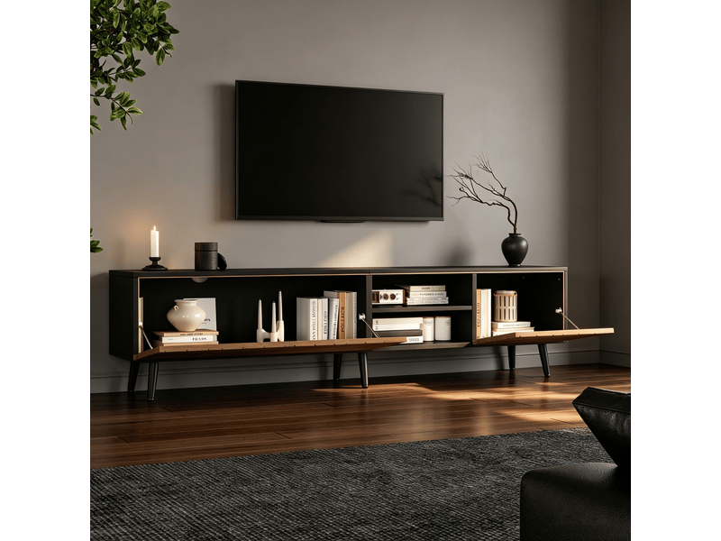  Meuble tv 180 cm pour télévision jusqu'à 75 pouces, meuble tv noir et bois avec rangement, portes et passe-câbles  - Conforama B