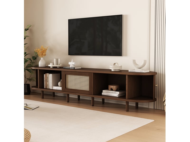  Meuble télévision bas 180x40x40 cm, marron, couleur décor rotin, 8 pieds réglables, poignées dorées, portes coulissantes, tiroir, aggloméré  - Conforama C