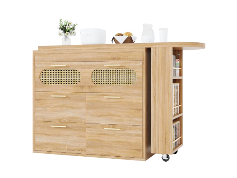  Bahut de cuisine rotative 360° avec 6 tiroirs, portes en rotin pe, bistrotisch multifonction, système de sécurité anti-basc  - Conforama D