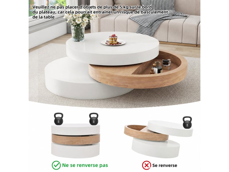  Table basse ronde pivotante à 360 degrés avec rangement caché, 3 plateaux, extensible jusqu'à 88 cm, blanc et bois  - Conforama C