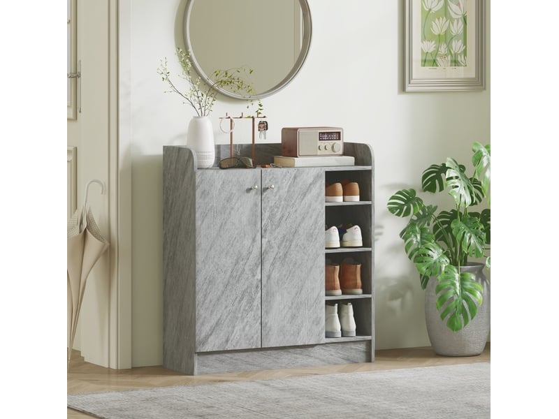  Meuble à chaussures 83x30x90 cm, 2 portes et 4 compartiments ouverts, panneau de particules et mdf, gris  - Conforama C