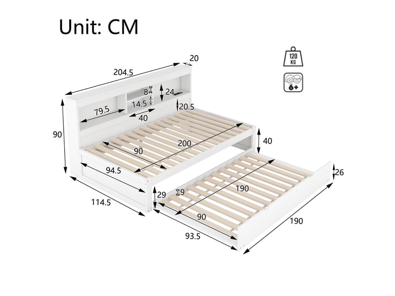  Lit banquette 90x200 avec lit gigogne blanc - éclairage led, prise usb et rangement latéral  - Conforama C