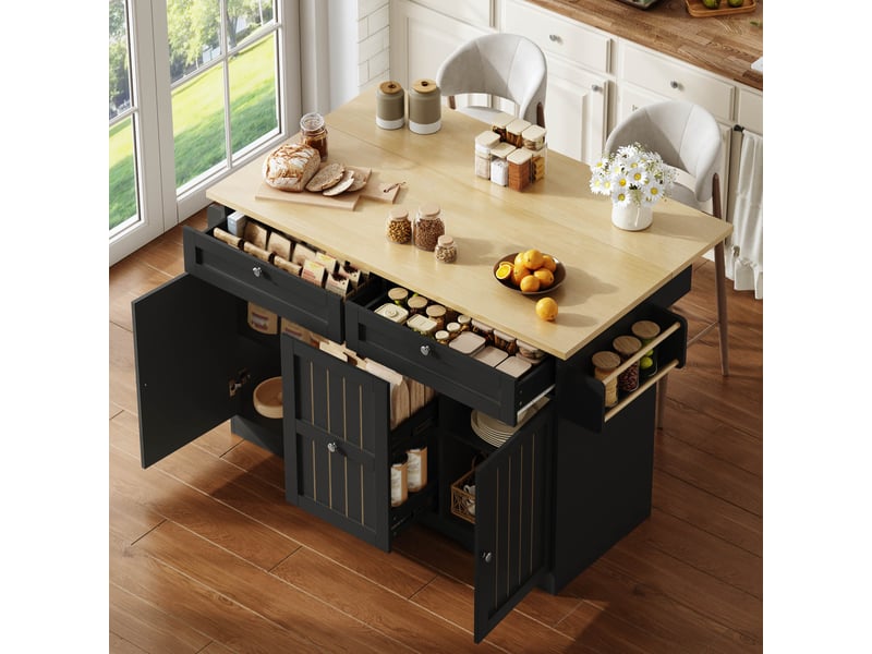  Îlot de cuisine mobile avec plateau pliant, desserte à roulettes verrouillables, tiroirs et rangement, noir, 120x70x92cm  - Conforama C