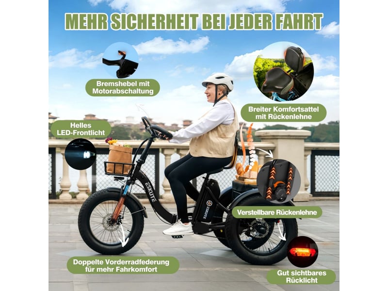  Tricycle électrique 20 eskute t302pro, 48v 250w 20.8ah, confort ergonomique, noir  - Conforama E