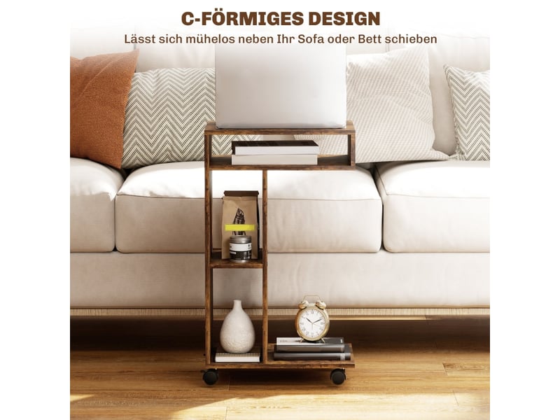  Table d'appoint en c avec 3 niches, 4 roues et freins, pour salon et chambre, 40 × 30 × 69 cm, bois rustique  - Conforama C