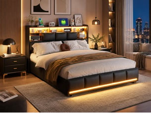 Lit coffre 140 x 190 cm avec tête de lit - led, recharge sans fil et rangement