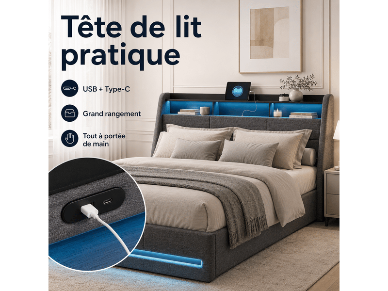  Lit double 160 x 200 cm avec led et charge usb tpye c, lit coffre lit rembourré hydraulique avec sommier, 2 personnes, lin gris, lit coffre 160x200 cm, avec sommier led et usb type c, lit rembourré avec rangement hydraulique, li…  - Conforama D