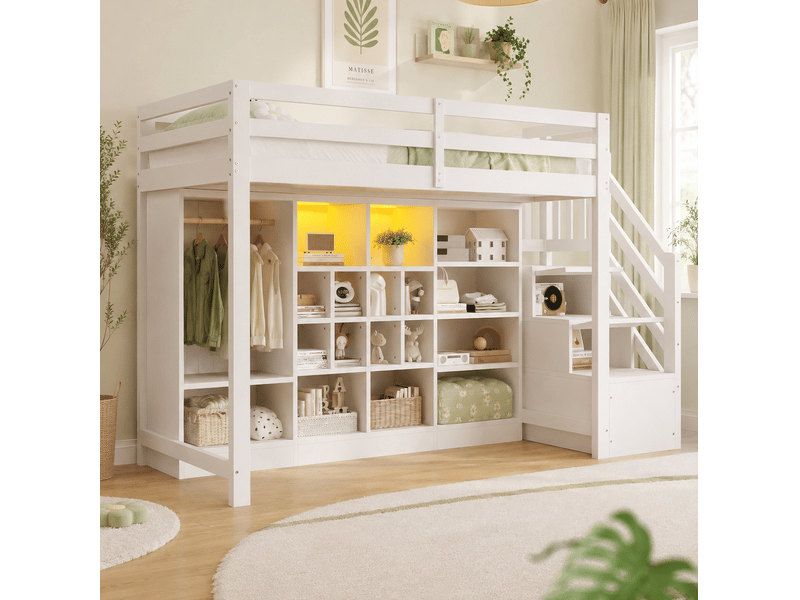  Lit mezzanine 90 x 200 cm avec rangement, armoire, escalier et led, blanc  - Conforama B