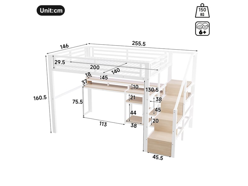  Lit mezzanine 140 × 200 cm 2 places avec armoire-échelle, étagères, led, usb et usb-c, sans matelas, blanc  - Conforama D