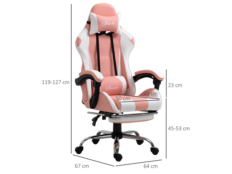  Fauteuil de jeu ergonomique avec appui-tête, coussin lombaire massant, repose-pieds, pivotant, accoudoirs intégrés, fonction bascule, rose  - Conforama E