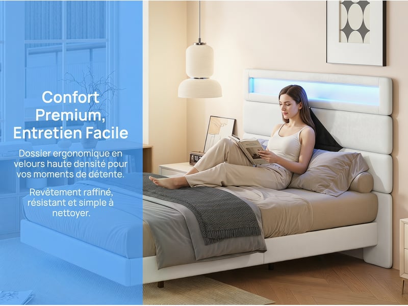  Lit 2 places 160x200 cm - usb et usb c - led intégrée - tissu velours blanc  - Conforama E
