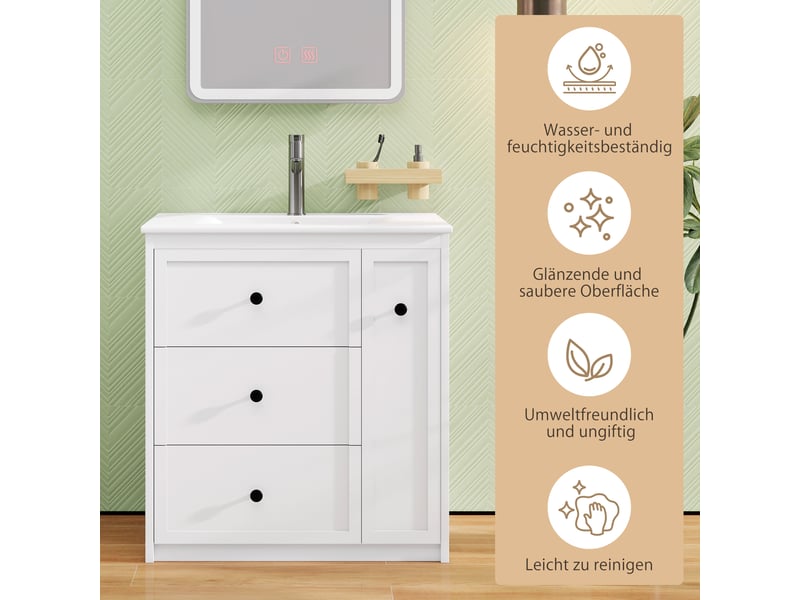  Meuble vasque blanc laqué mdf et céramique 76×46×82 cm, 4 tiroirs dont 1 coulissant latéral à 2 niveaux, sur pieds  - Conforama C