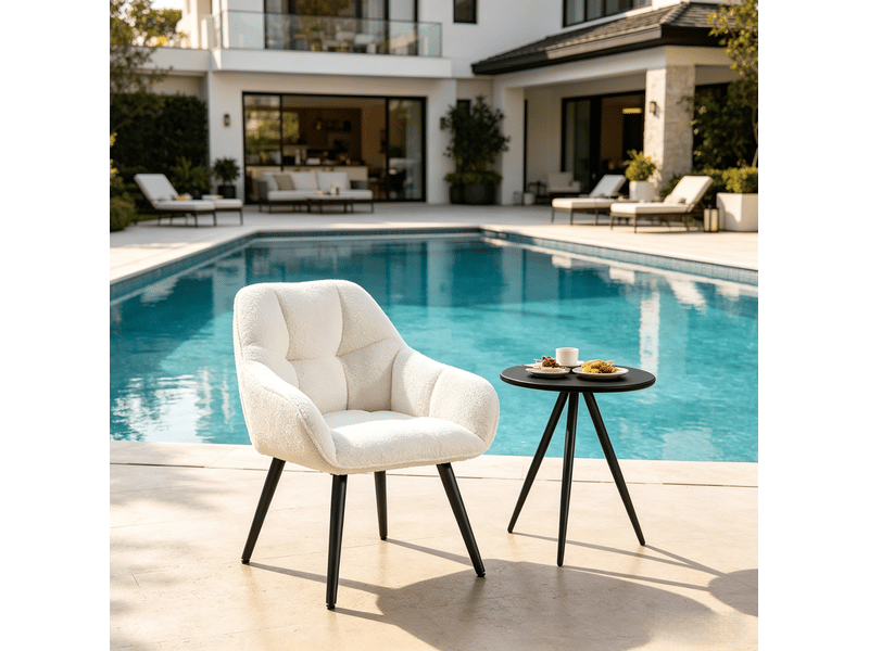  Fauteuil lounge beige avec dossier et accoudoirs, tissu bouclette, pieds en métal  - Conforama D