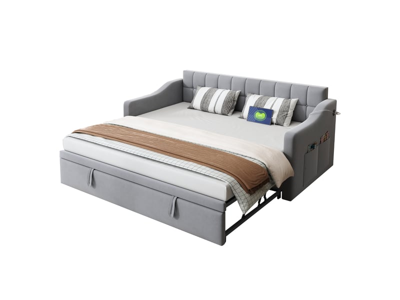 Canapé-lit convertible 90/180x190 cm, velours gris clair, ports usb, sans matelas - Conforama A