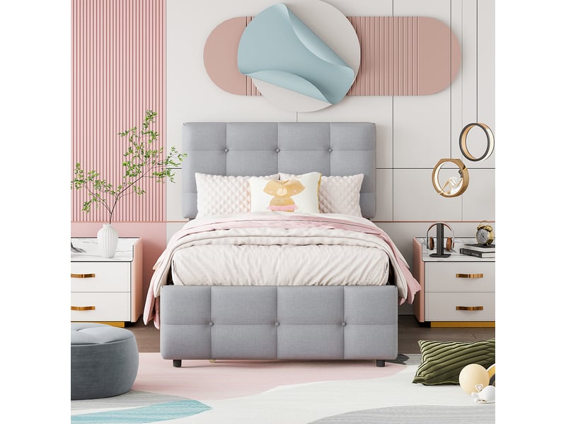  Lit gigogne 90x200 cm, tête de lit réglable et capitonné, avec lattes, en tissu, gris, sans matelas  - Conforama C