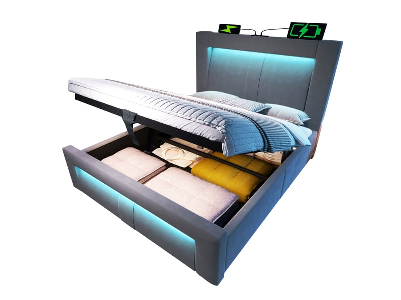 Lit coffre adulte 90x200 cm – gris – led, 3 ports usb et usb-c, matelas inclus, rangement hydraulique intégré - Conforama A