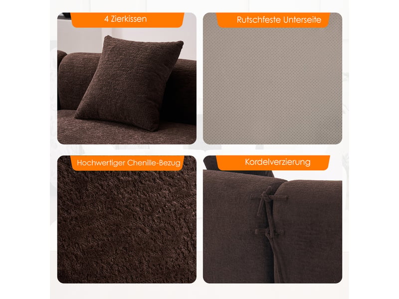  Canapé 4 places marron en chenille, forme incurvée, composition modulable, sans montage pour salon et séjour  - Conforama E