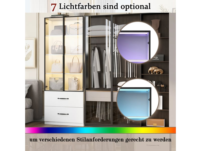  Vitrine en verre avec éclairage led, bibliothèque blanche avec portes en verre et 2 tiroirs, meuble vitrine 60x40x160 cm.  - Conforama E
