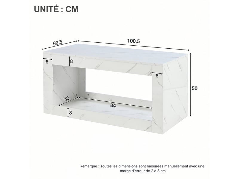  Table basse led blanche, effet marbre brillant, rangement ouvert, 100 x 50 x 50 cm, blanc  - Conforama E