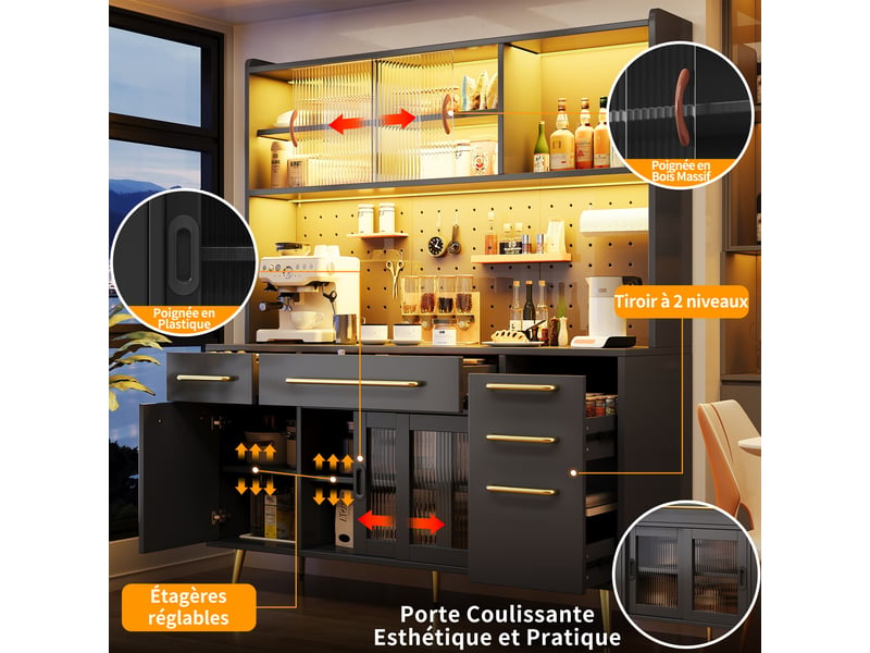  Buffet de cuisine noir meuble de rangement avec led, portes coulissantes et tiroirs, 145 cm  - Conforama D