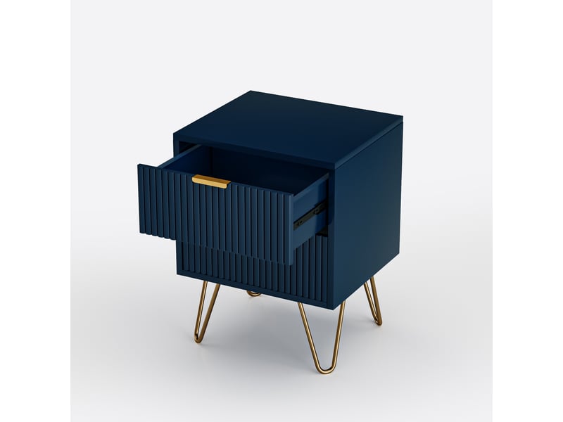  Table de chevet moderne, 40x35.5x50 cm, avec 2 tiroirs, texture rayée, en bois et pieds en métal doré, bleu foncé  - Conforama D