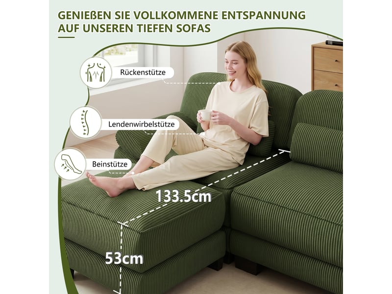  Canapé modulable en u 4 places 336 x 161 x 94 cm, avec 2 poufs, assise profonde, coussins épais, velours côtelé vert  - Conforama D