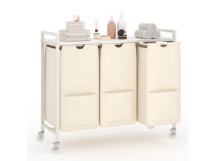 Panier à linge 3 compartiments 48l – cadre métal, étagère 45kg, roulettes – trieur linge pour buanderie chambre-beige