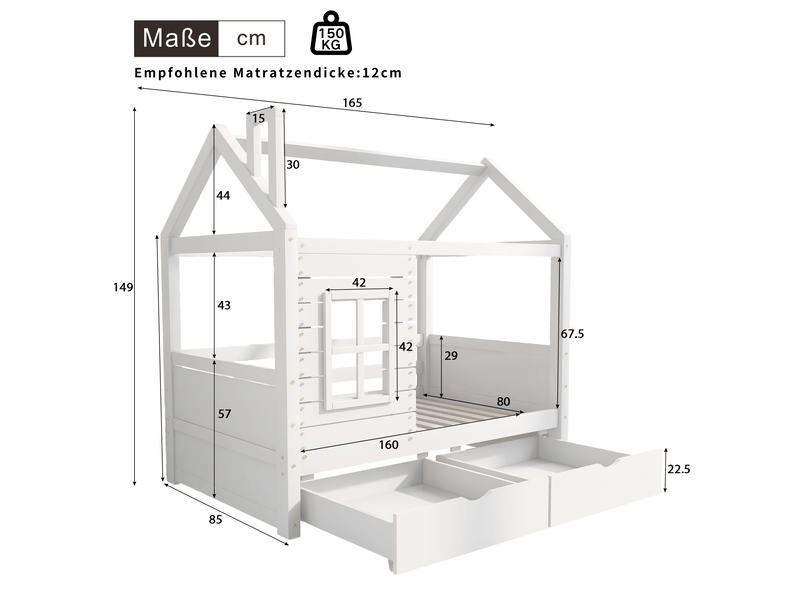  Lit cabane, lit enfant, lit junior 80*160 avec protection antichute, lit enfant en bois massif polyvalent pour garçons et filles, lit enfant en bois massif avec protection antichute, fenêtre et sommier à lattes, blanc  - Conforama C