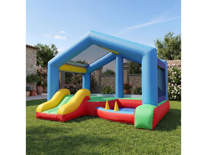 Château gonflable 4 en 1, aire de jeux avec souffleur, toboggan, piscine à balles, jeu de lancer d'anneaux, multicolore - Conforama B
