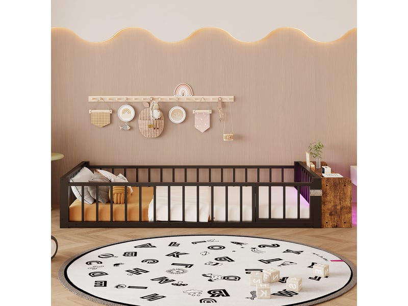  Lit enfant en métal - cadre métallique stable - dimensions 90x200 cm - couleur noir - garde-corps de sécurité 224x95x35.5cm - Conforama B
