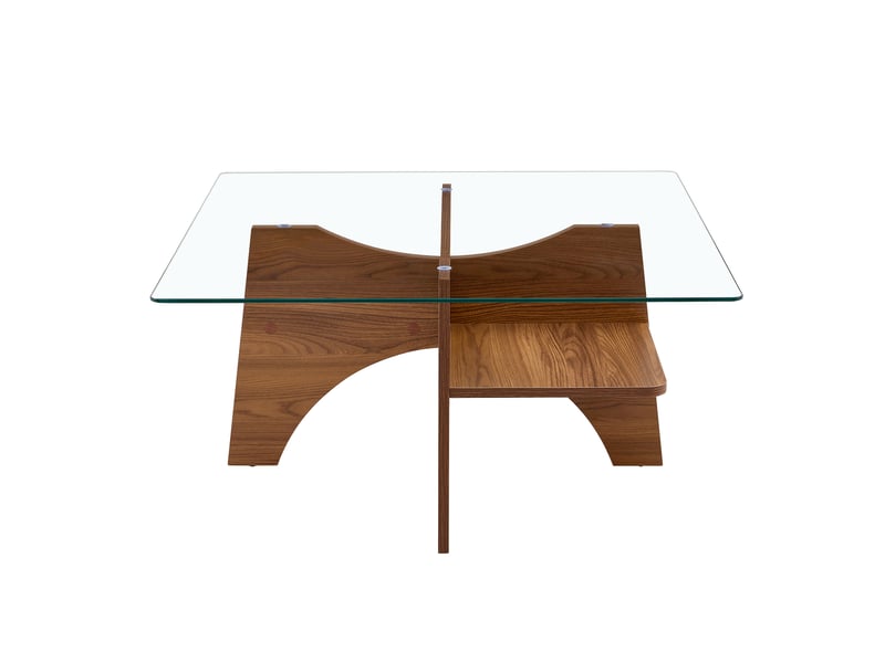  Table basse carrée avec étagère pour salon, verre et mdf 80×80×40 cm finition noyer  - Conforama A