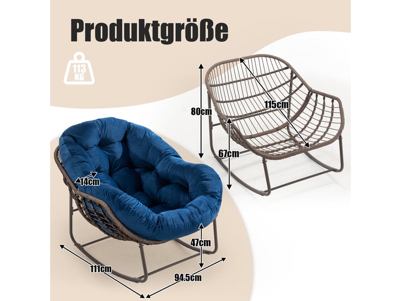  Cocon - fauteuil à bascule en rotin naturel - forme œuf et coussin bleu - confortable pour salon, véranda ou chambre  - Conforama C