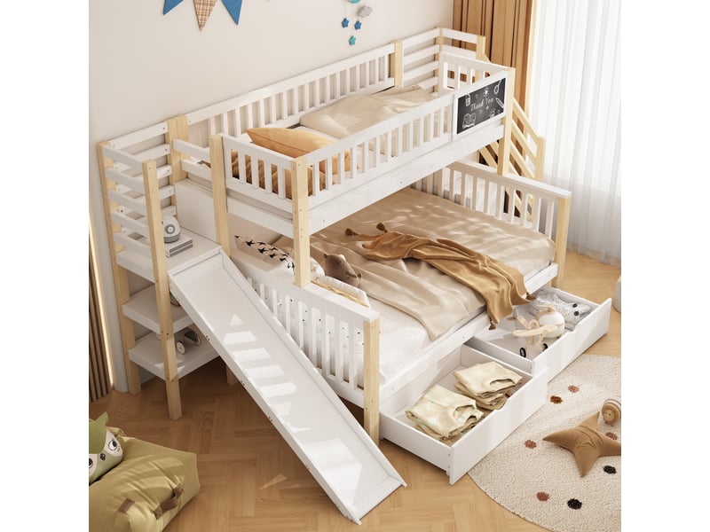  Lit superposé enfant avec toboggan 140x200 et 90x200 - rangement et escalier - bois massif blanc  - Conforama D