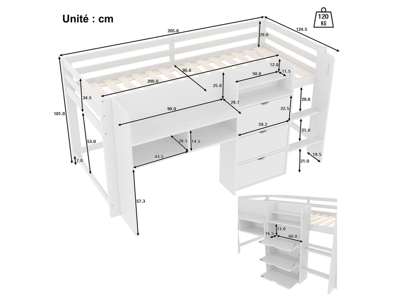 Lit enfant 90x200 cm - lit mi-hauteur cabane avec rangements intégrés et tiroirs pratiques - lit simple, bois pin mdf - blanc - Conforama C