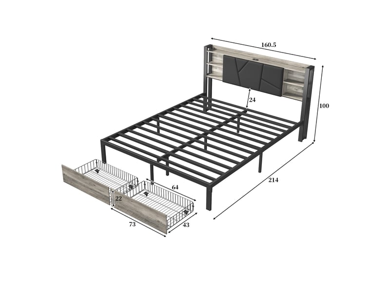 Lit double 160x200 cm avec éclairage led - tiroirs de rangement et cadre métallique avec tête en bois - noir - Conforama E