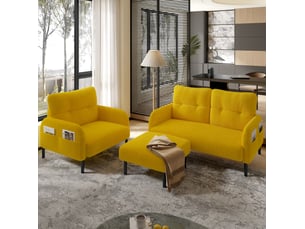 Lot de 3 canapé 2 places, fauteuil et pouf en velours côtelé jaune moutarde