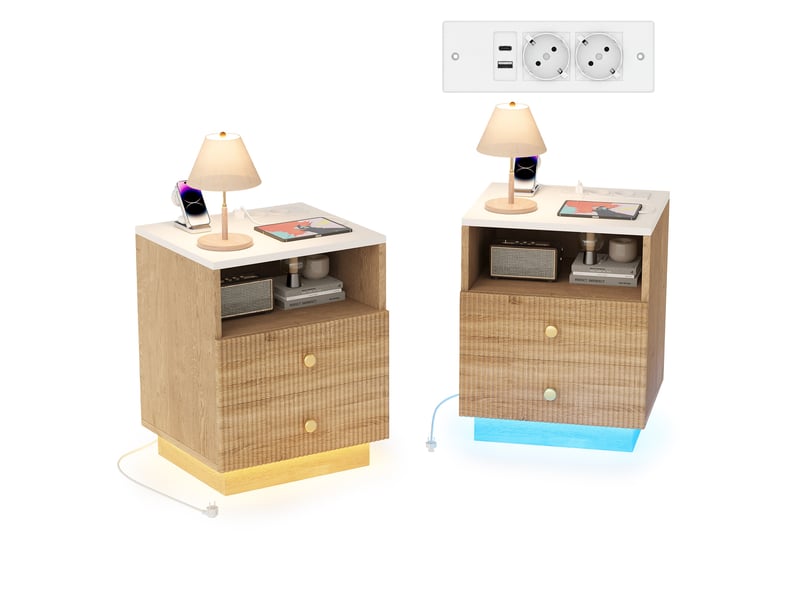  Lot de 2 tables de chevet - 44x30x55cm - table de nuit avec éclairage led rvb 7 couleurs, prises eu,2 tiroirs - marron et blanc  - Conforama A