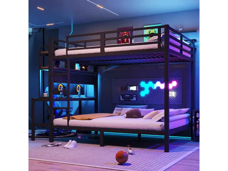  Lit superposé 140x200 cm avec bureau et rangement, structure en métal noir et mdf, éclairage led et usb  - Conforama R