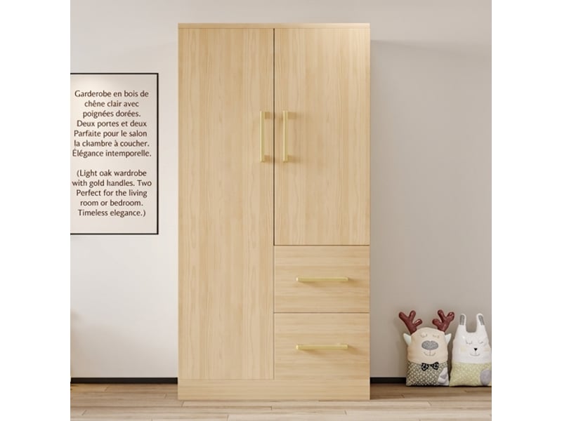  Armoire enfant 2 portes en bois naturel avec tiroirs, 70x40x135 cm, meuble de rangement chambre  - Conforama D