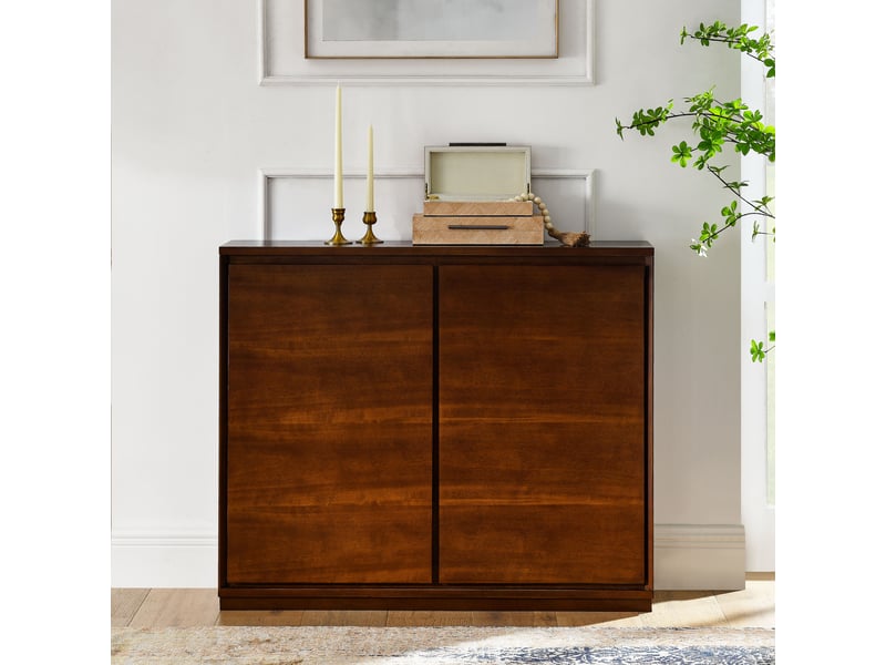  Buffet étroit 99x23,5 cm avec 2 portes, grand rangement et 2 ouvertures pour prises murales, mdf, style mid-century, effet noyer  - Conforama B