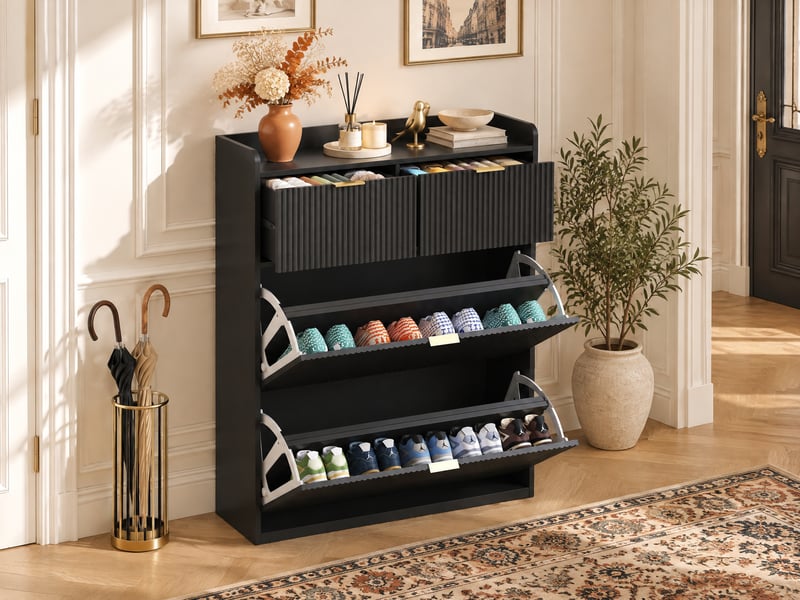  Meuble à chaussures à abattants à panneaux cannelés texturés, 80 × 24 × 110 cm, meuble d'entrée fin noir pour 16 paires de chaussures, poignées dorées, avec 2 petits tiroirs supérieurs, nior  - Conforama B
