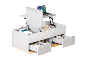 Table basse relevable, table basse avec 2 tiroirs et 2 portes coulissantes, table de salon moderne, 100x50x36 cm, blanc