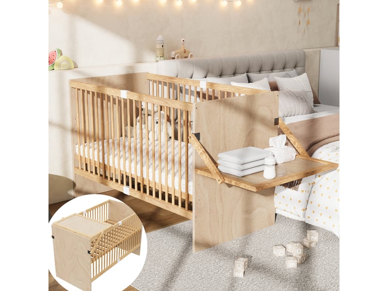  Lit bébé 70 × 140 cm 1 place avec table à langer rabattable et sommier réglable, sans matelas, en pin naturel  - Conforama C